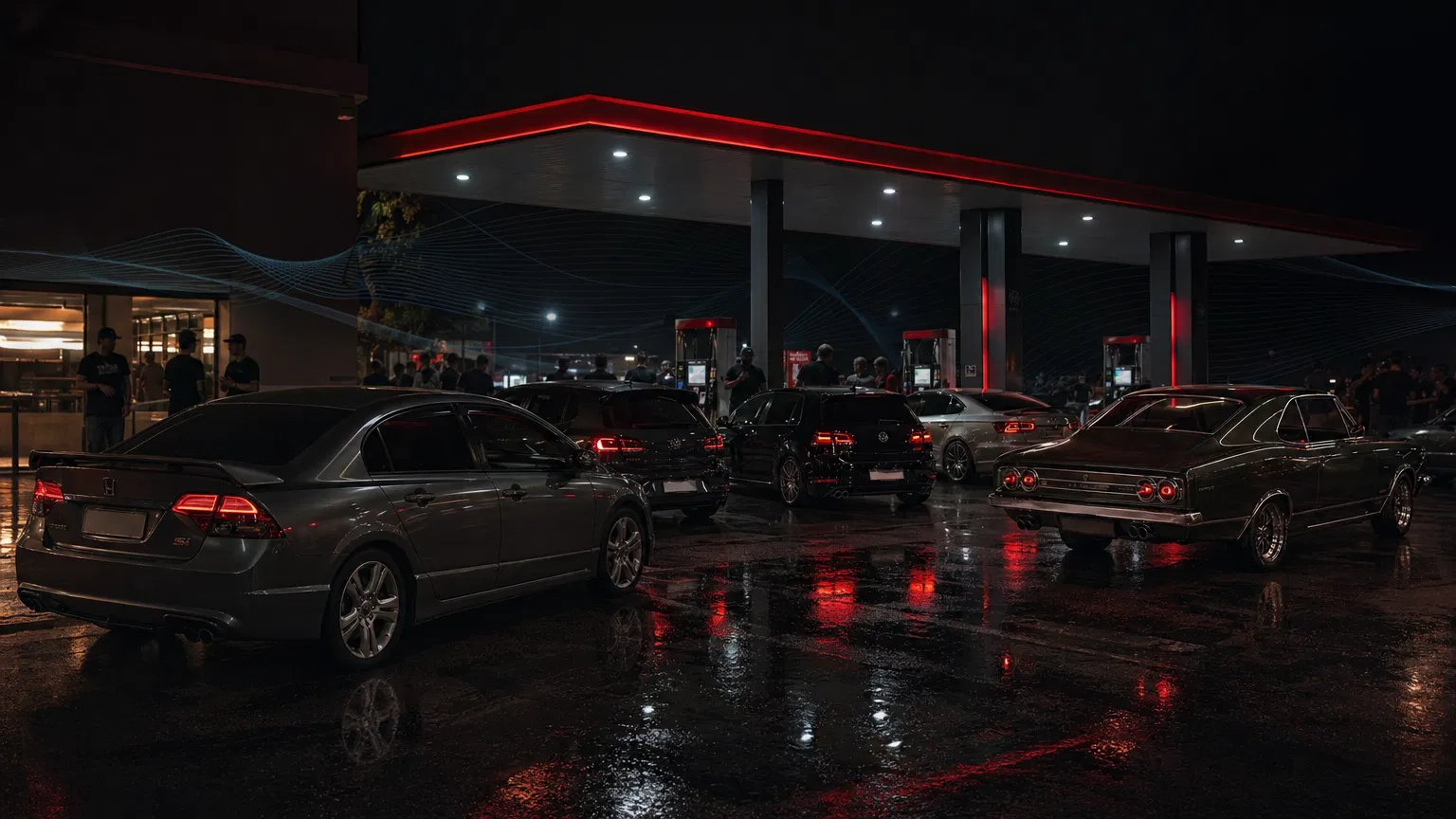 Encontro automotivo noturno premium com carros de entusiastas