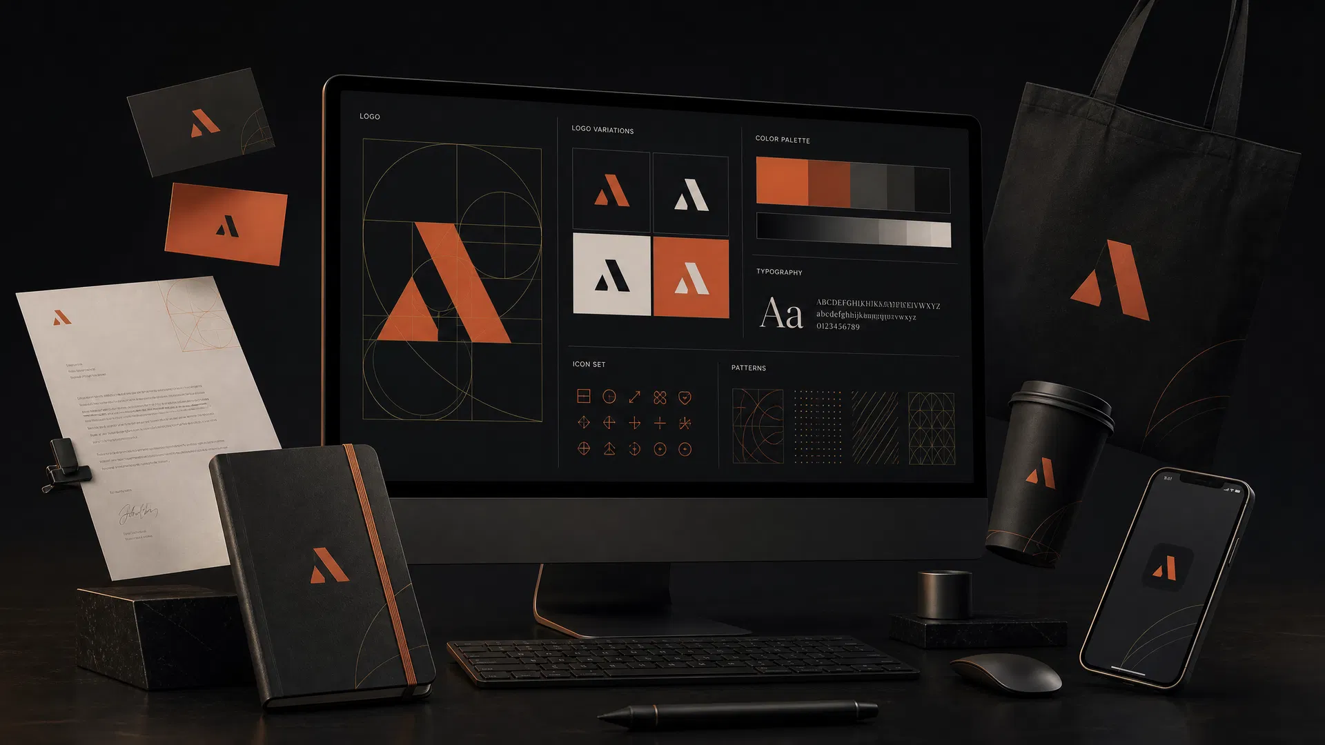 Branding e identidade visual — brand book com logotipo, paleta de cores e mockups de aplicação