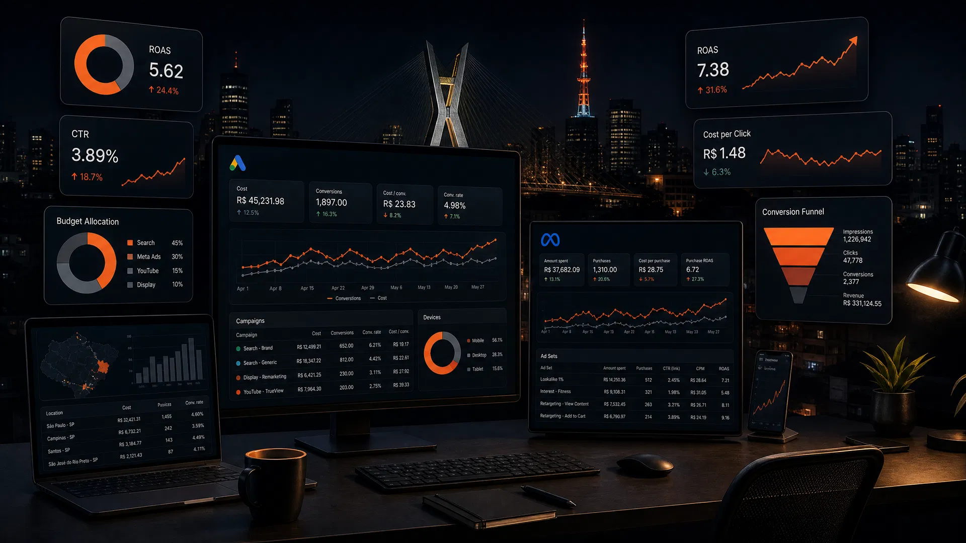 Tráfego pago em São Paulo — dashboard Google Ads e Meta Ads — AE Agência