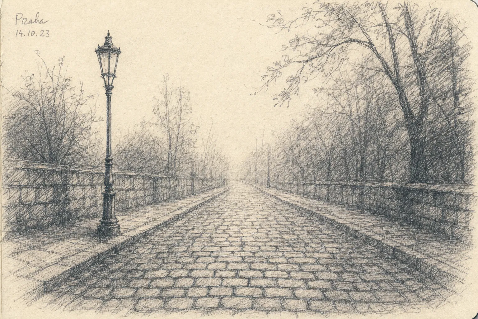 A pencil sketch of an empty foggy cobblestone street — StreetSketch 404