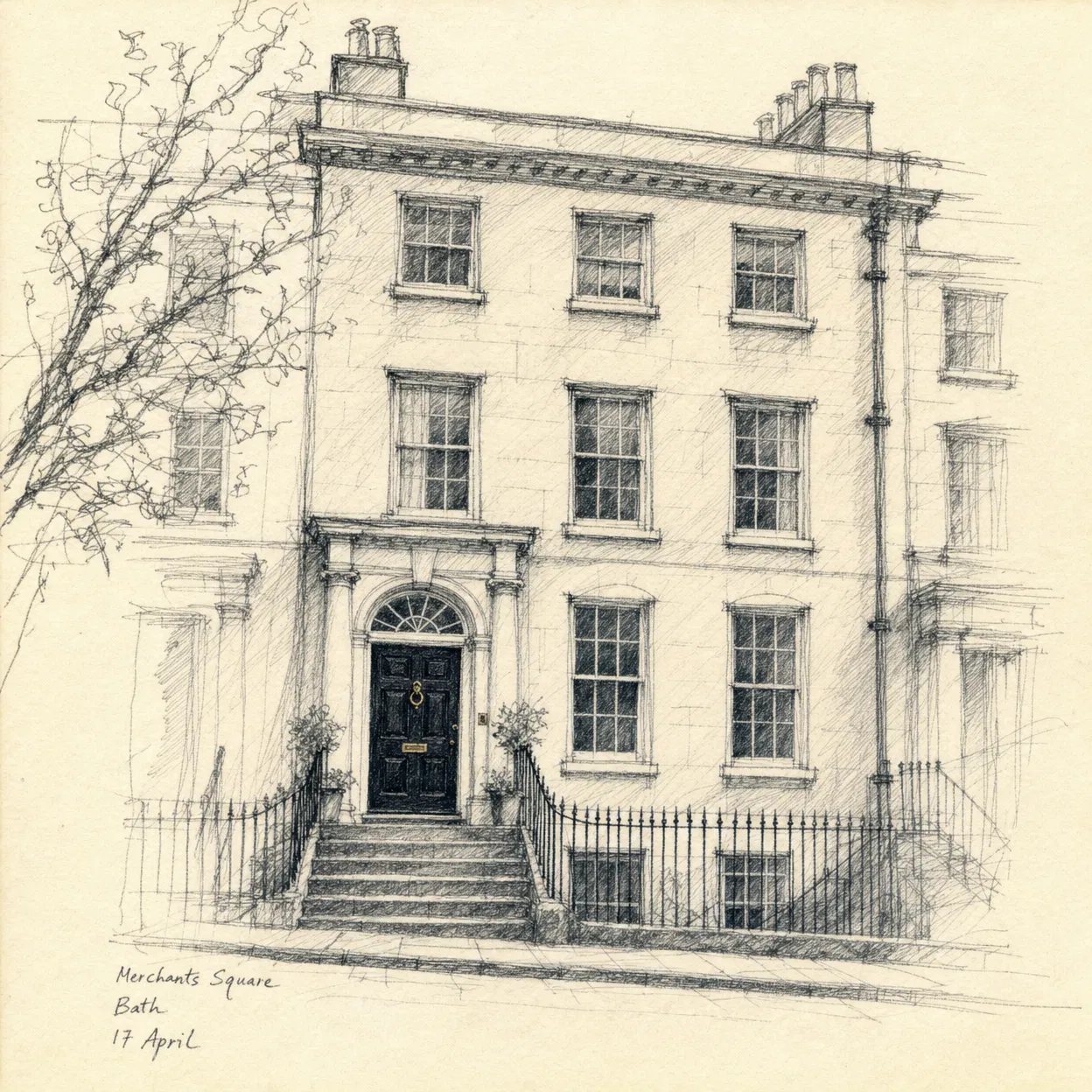 AI pencil sketch of a Georgian terraced townhouse — SketchStreets estate agent closing gift