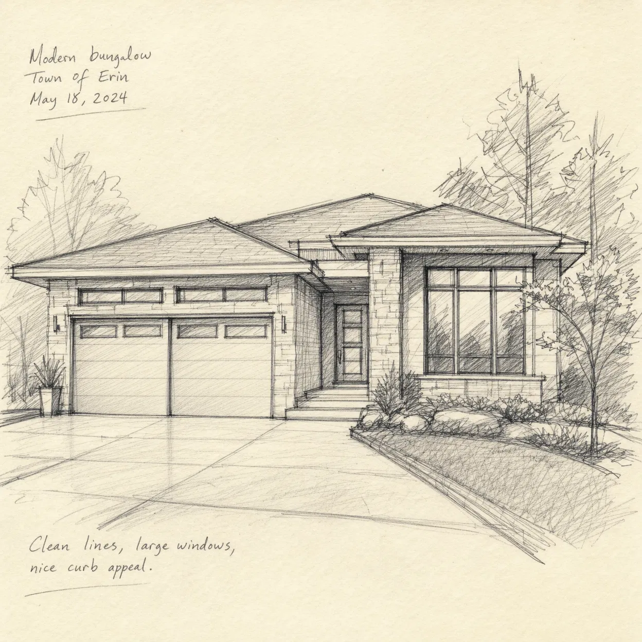 AI pencil sketch of a modern detached bungalow — SketchStreets estate agent closing gift