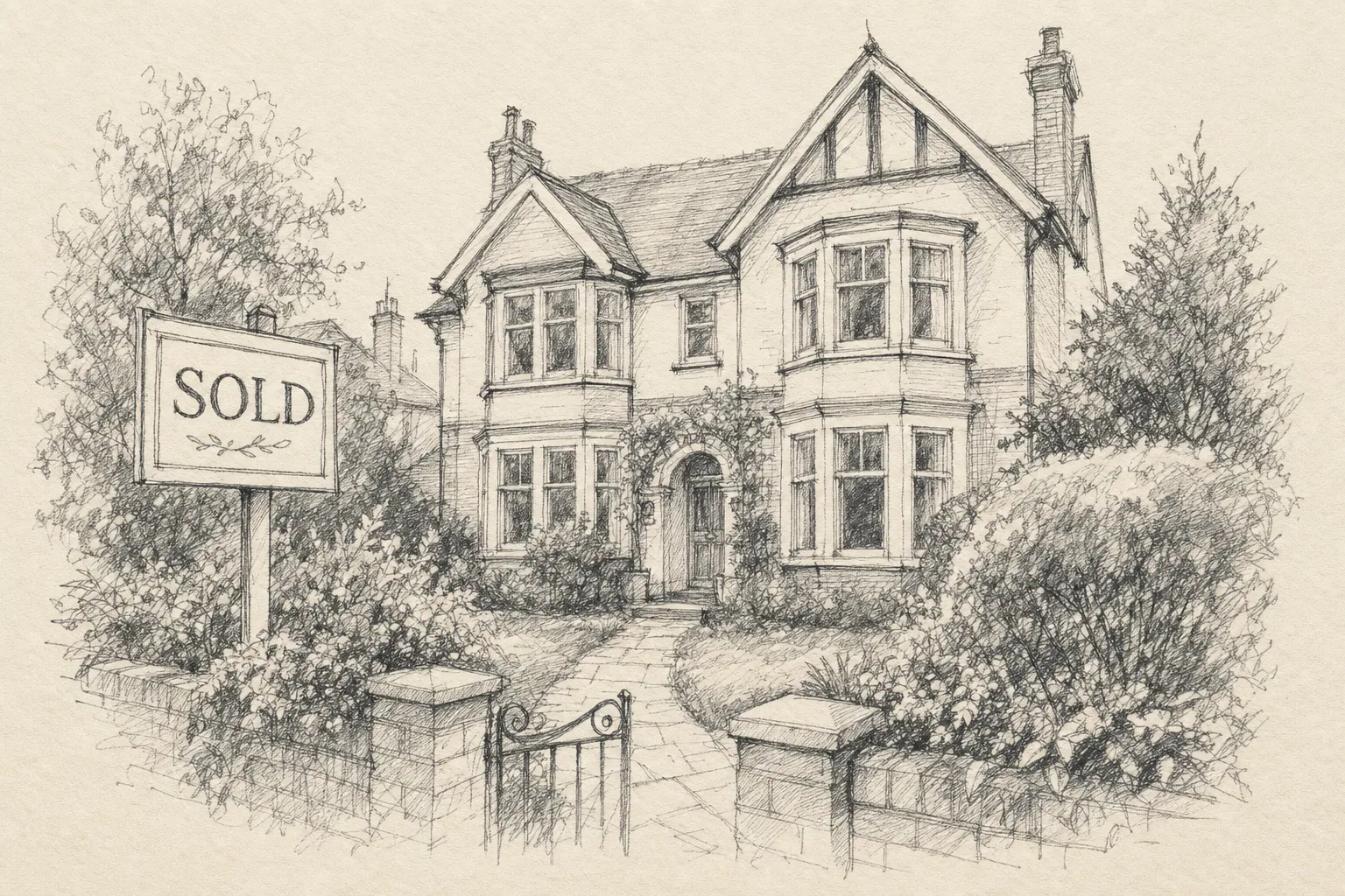 AI pencil sketch of a sold property — SketchStreets closing gift for estate agents