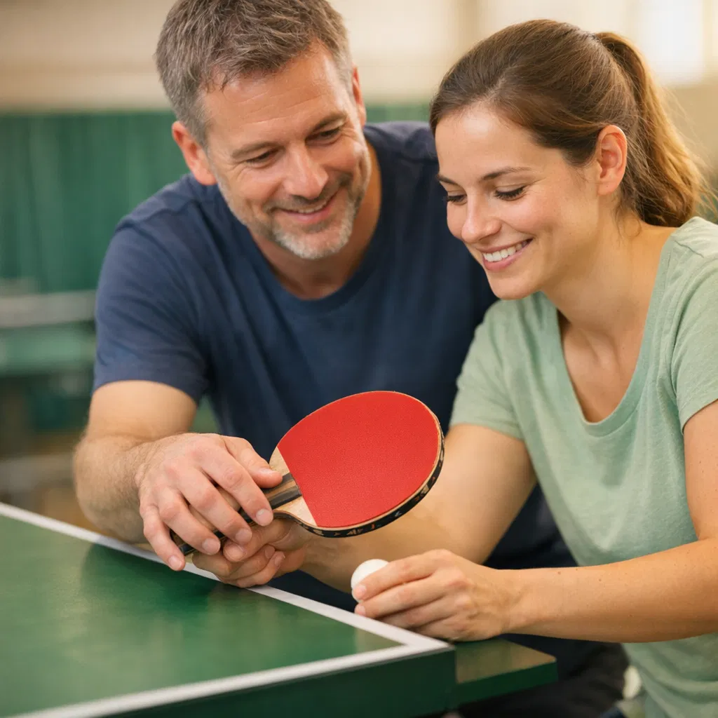 Ein Trainer zeigt einer Anfängerin freundlich die Schlägerhaltung am Tischtennistisch