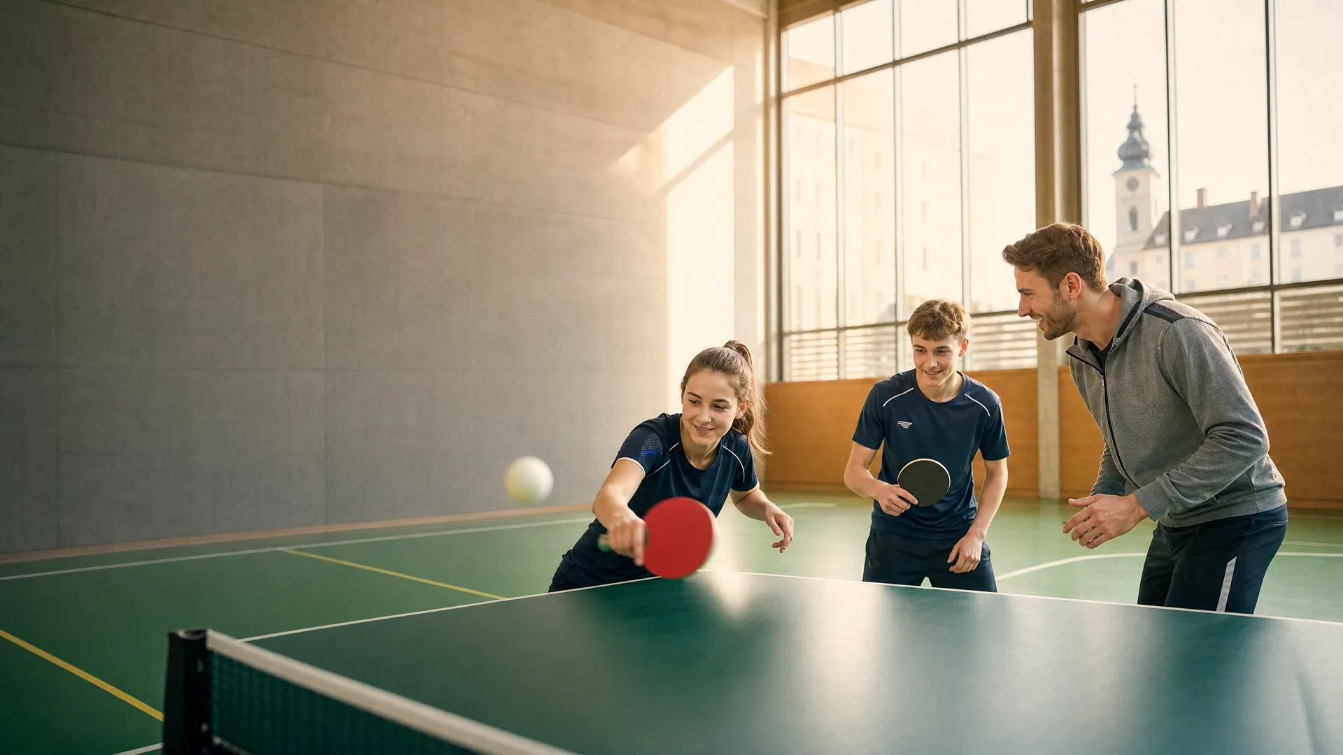 Jugendliche Anfänger trainieren Tischtennis mit Trainer
