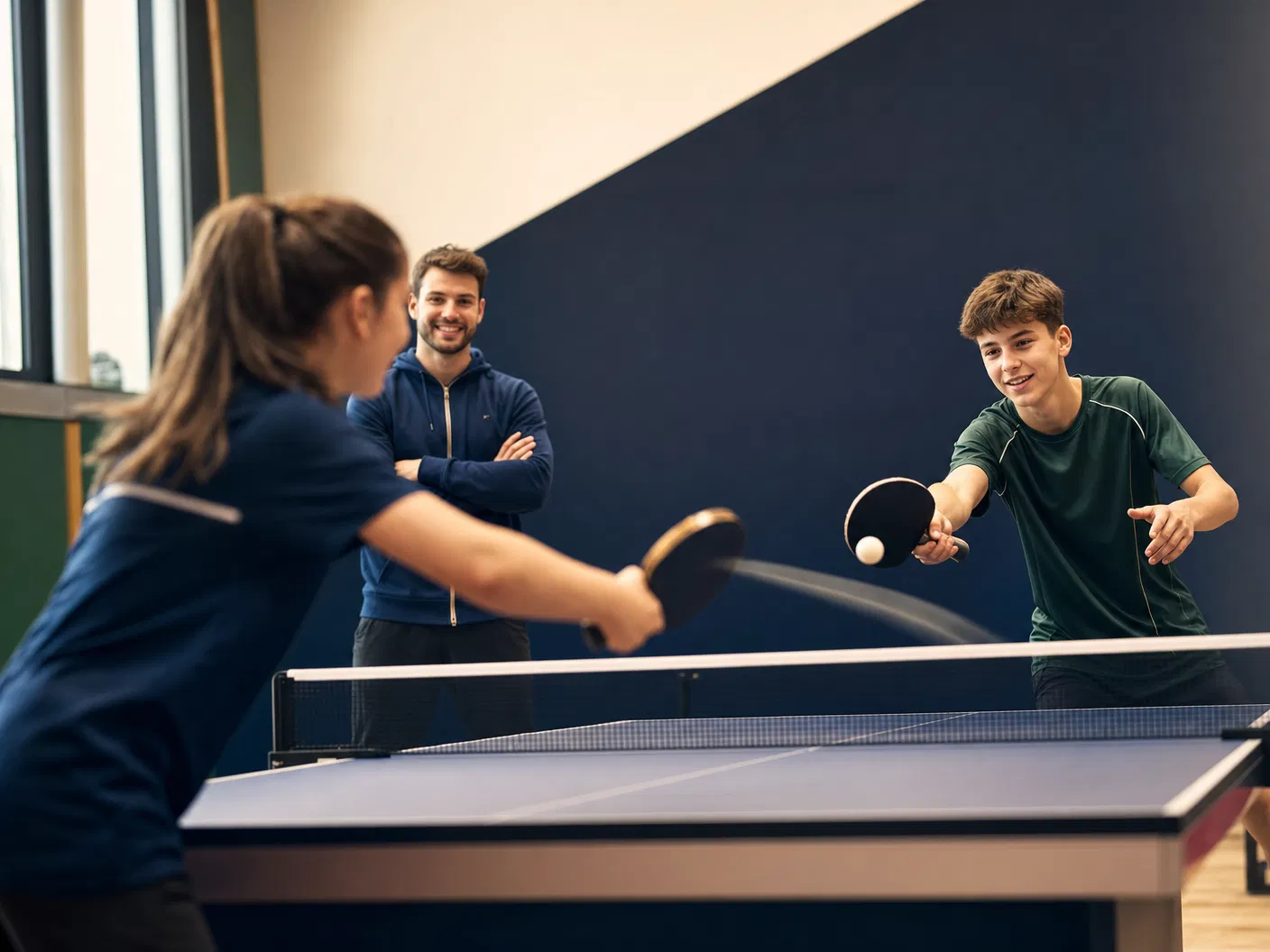 Jugendliche spielen Tischtennis im Training