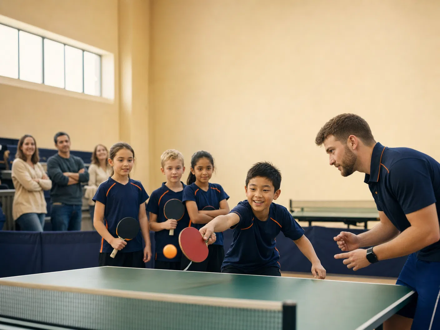 Kinder lernen Tischtennis mit Trainer