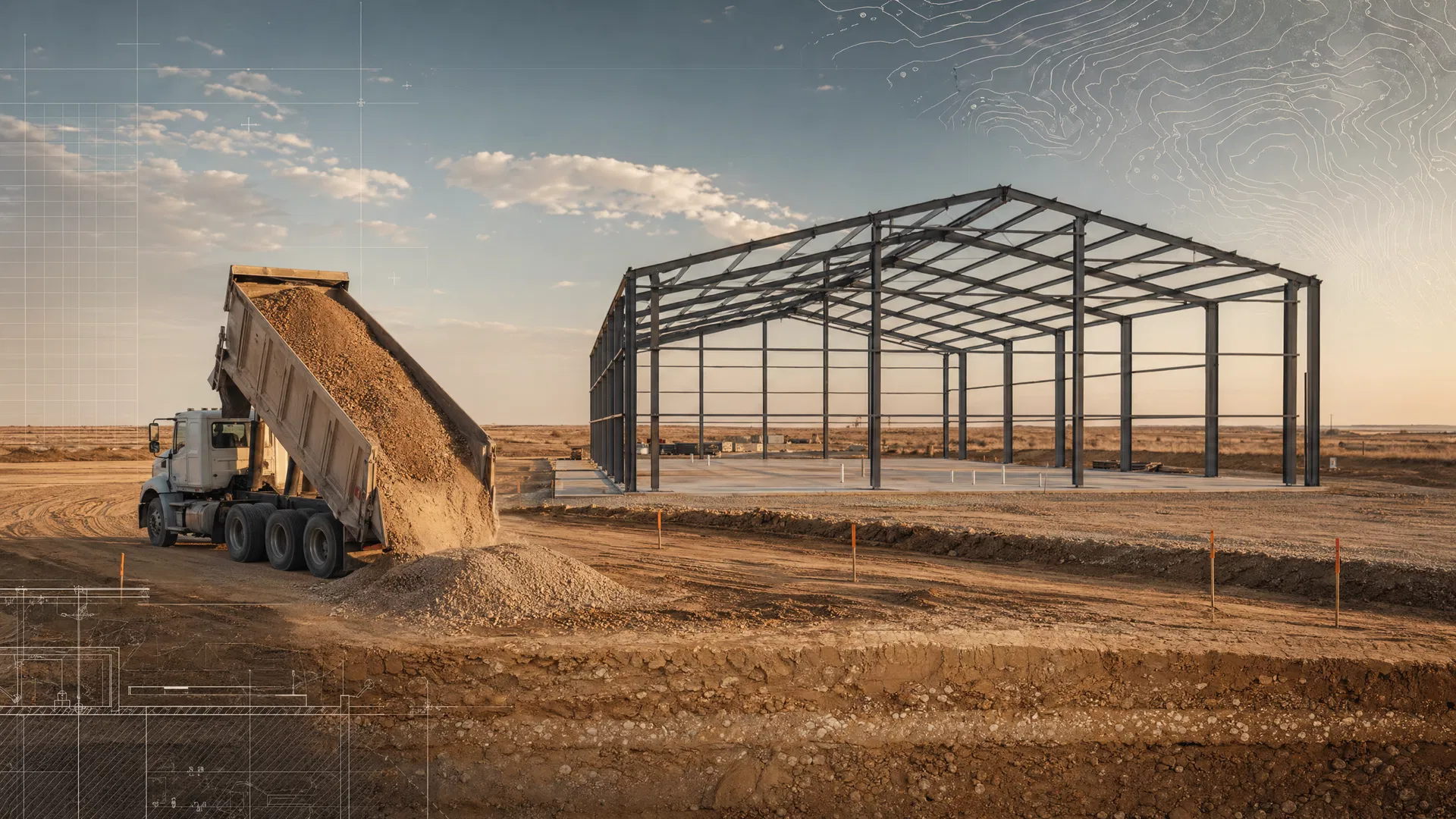 West Texas construction site with metal building frame and dirt delivery