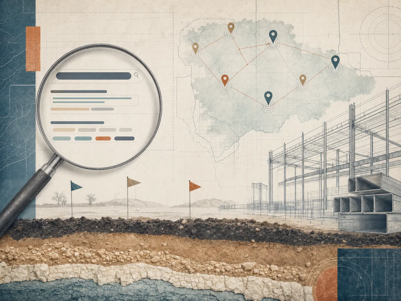 Abstract SEO research map with blueprint and soil layers