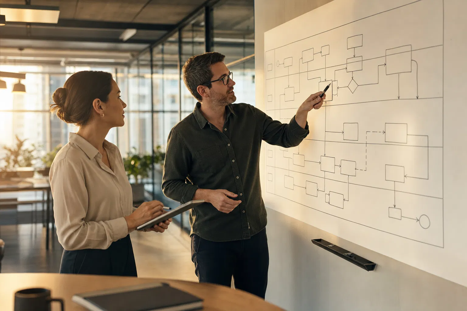 Two consultants mapping an automation workflow on a whiteboard