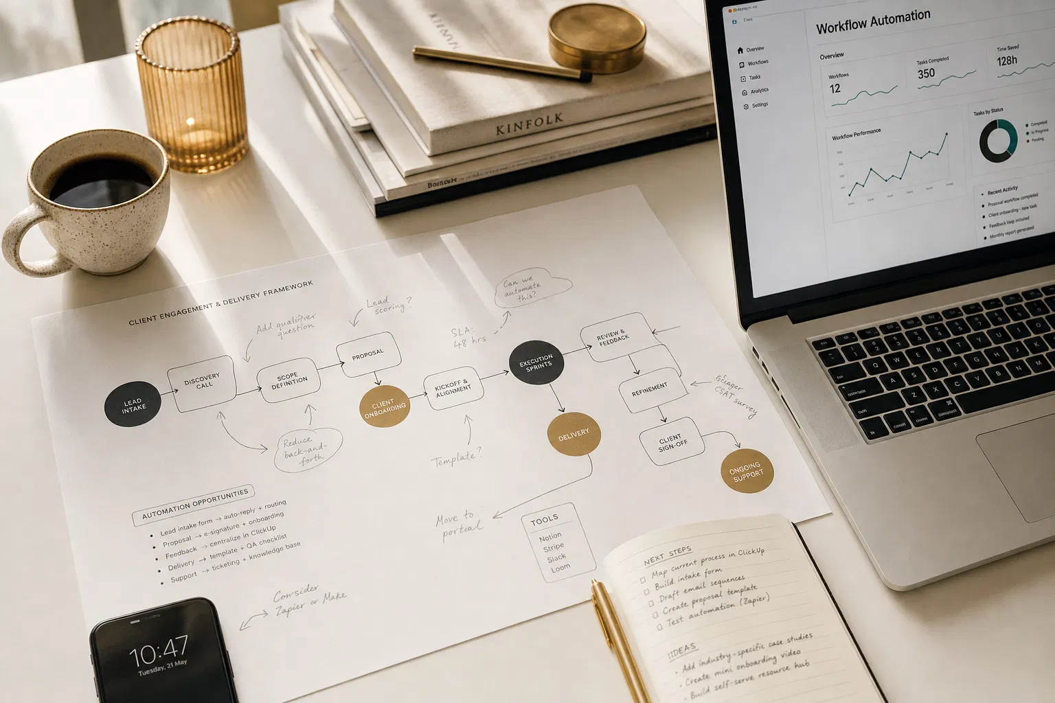 Workflow diagram and automation dashboard on a consultancy desk