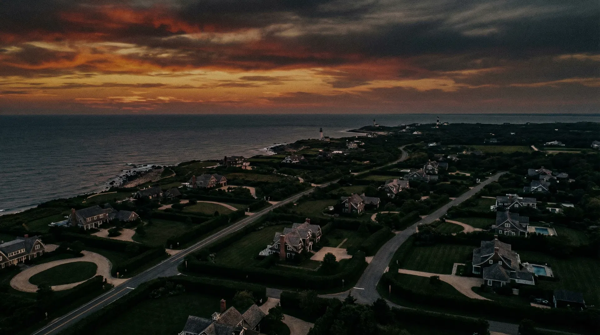 Aerial view of East Hampton at dusk