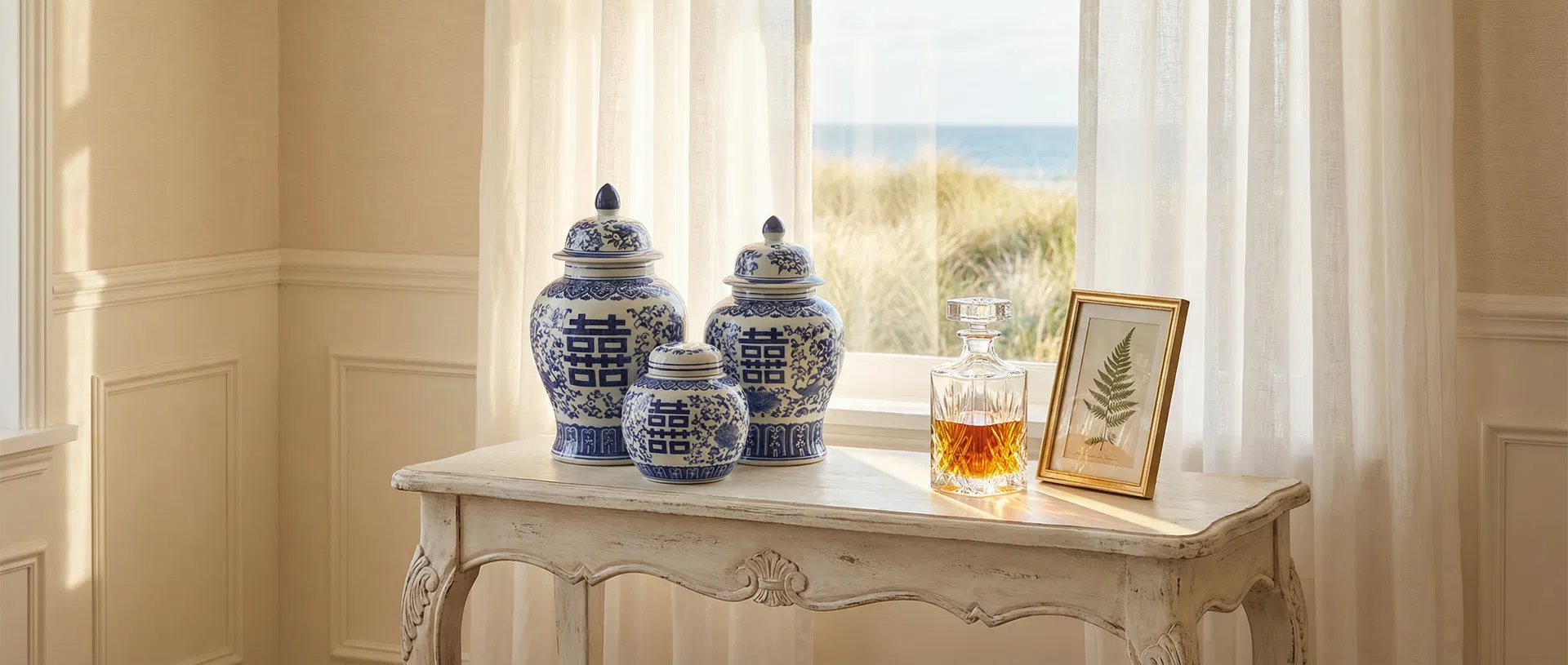 Curated vintage collectibles in a Hamptons interior