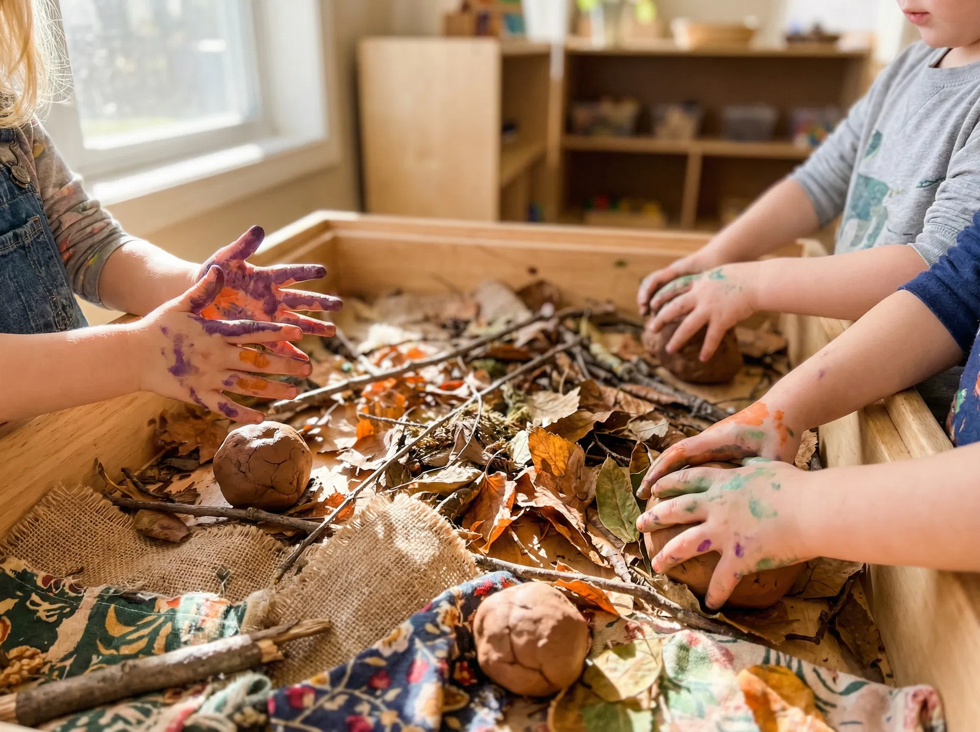 Children's hands doing sensory play with natural materials