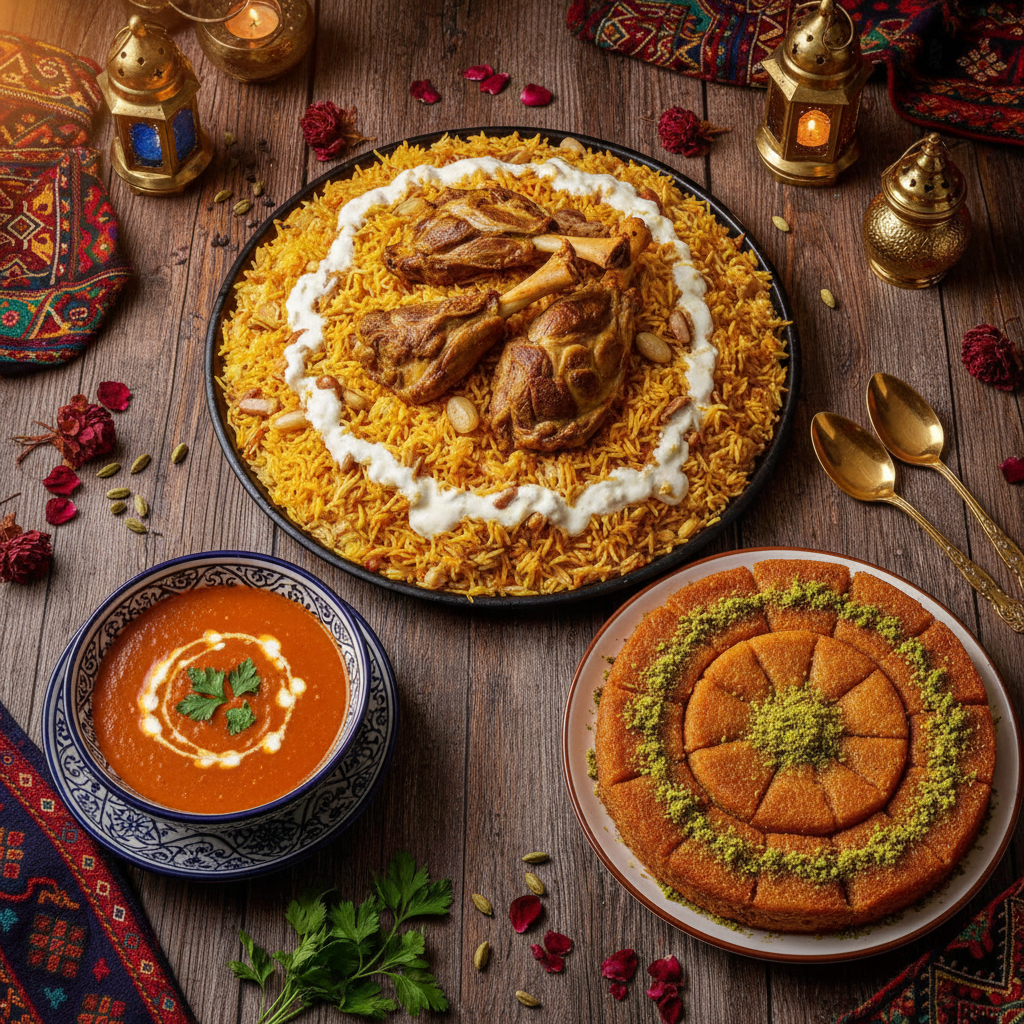 طبق العزائم الفاخر: منسف لحم الضأن بالجميد مع شوربة العدس الدافئة والكنافة بالقشطة