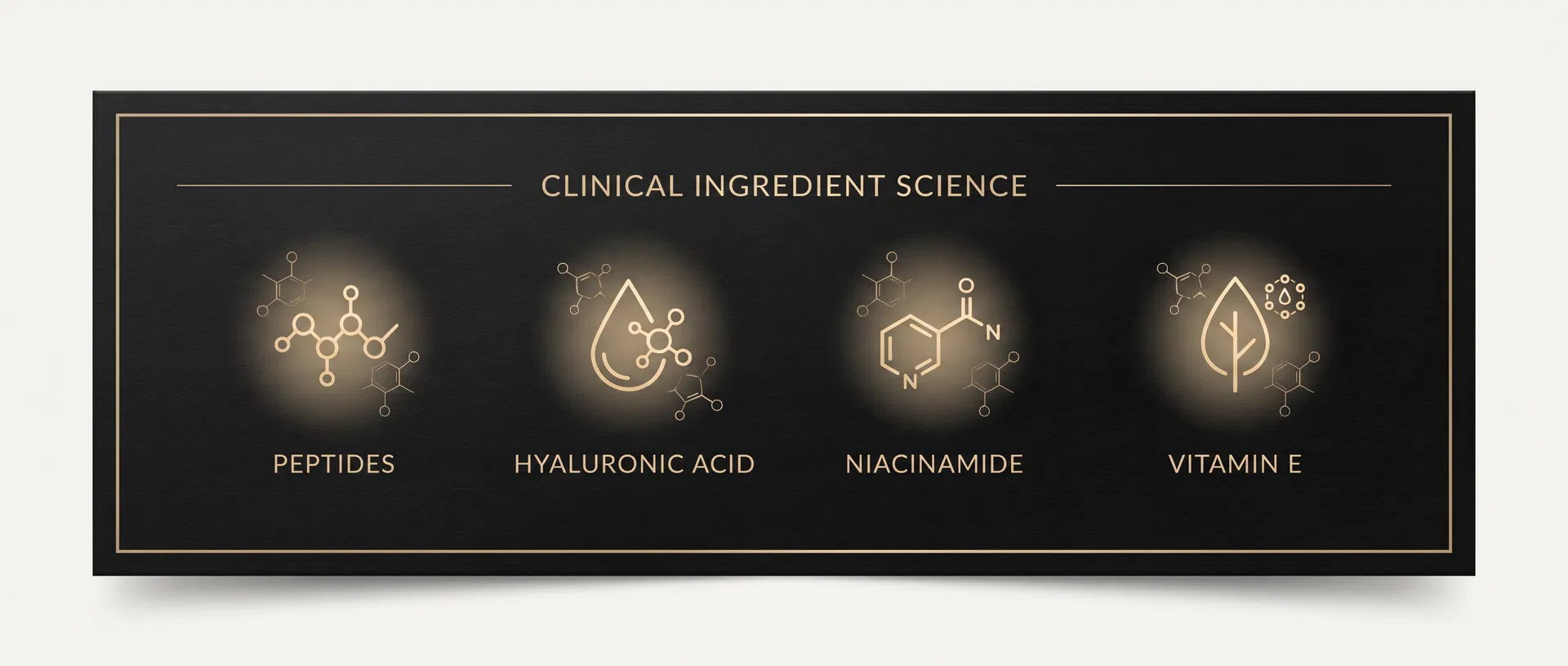 clinical ingredient science icons for peptides hyaluronic acid niacinamide and vitamin E