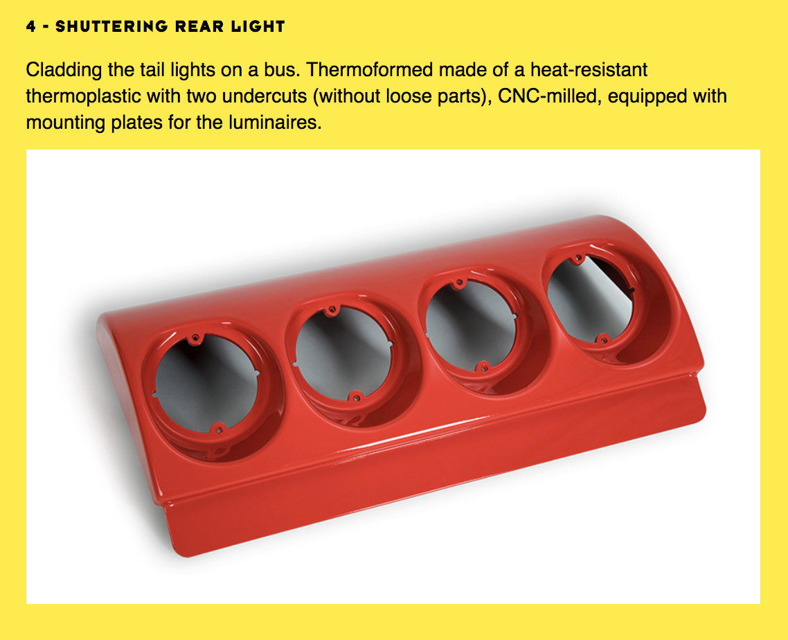 Thermoformed bus rear light shuttering with undercuts, showcasing a complex plastic component.