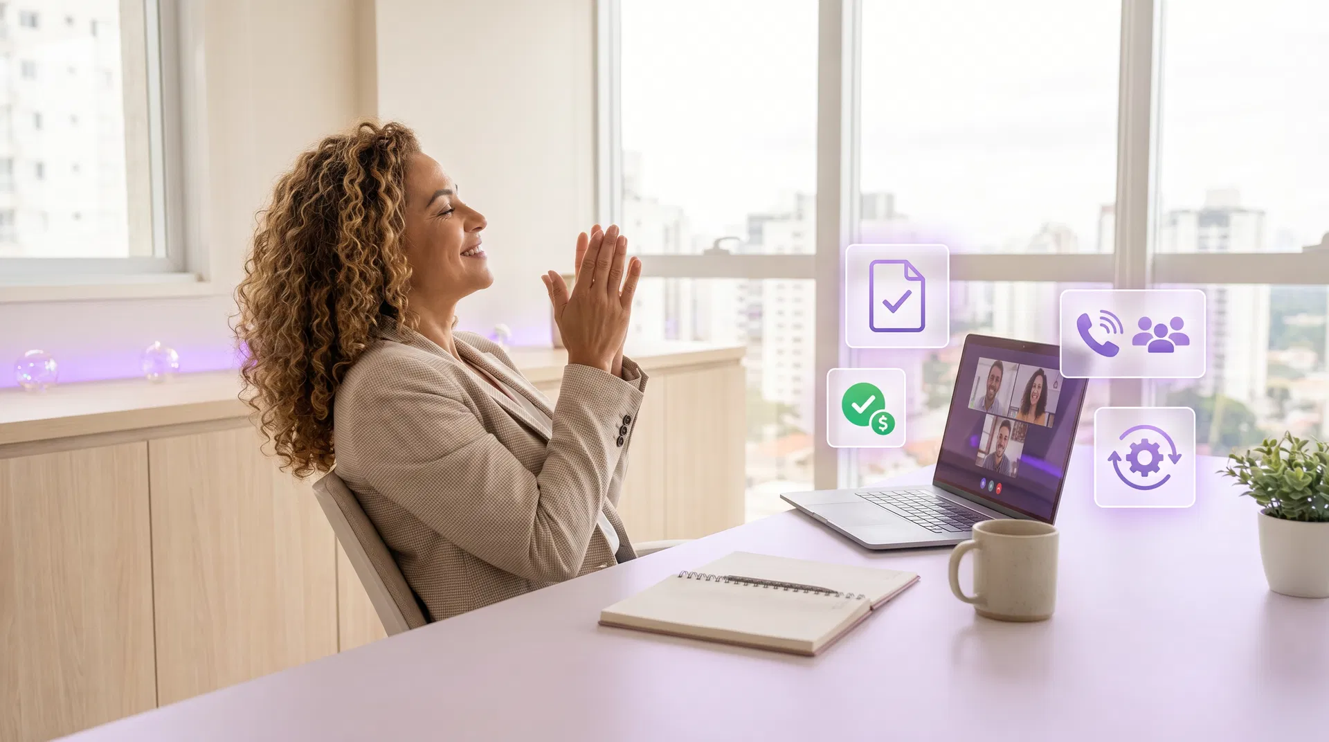 Empreendedora satisfeita após fechar uma venda em call e avançar contrato, cobrança e onboarding no SmartSigna