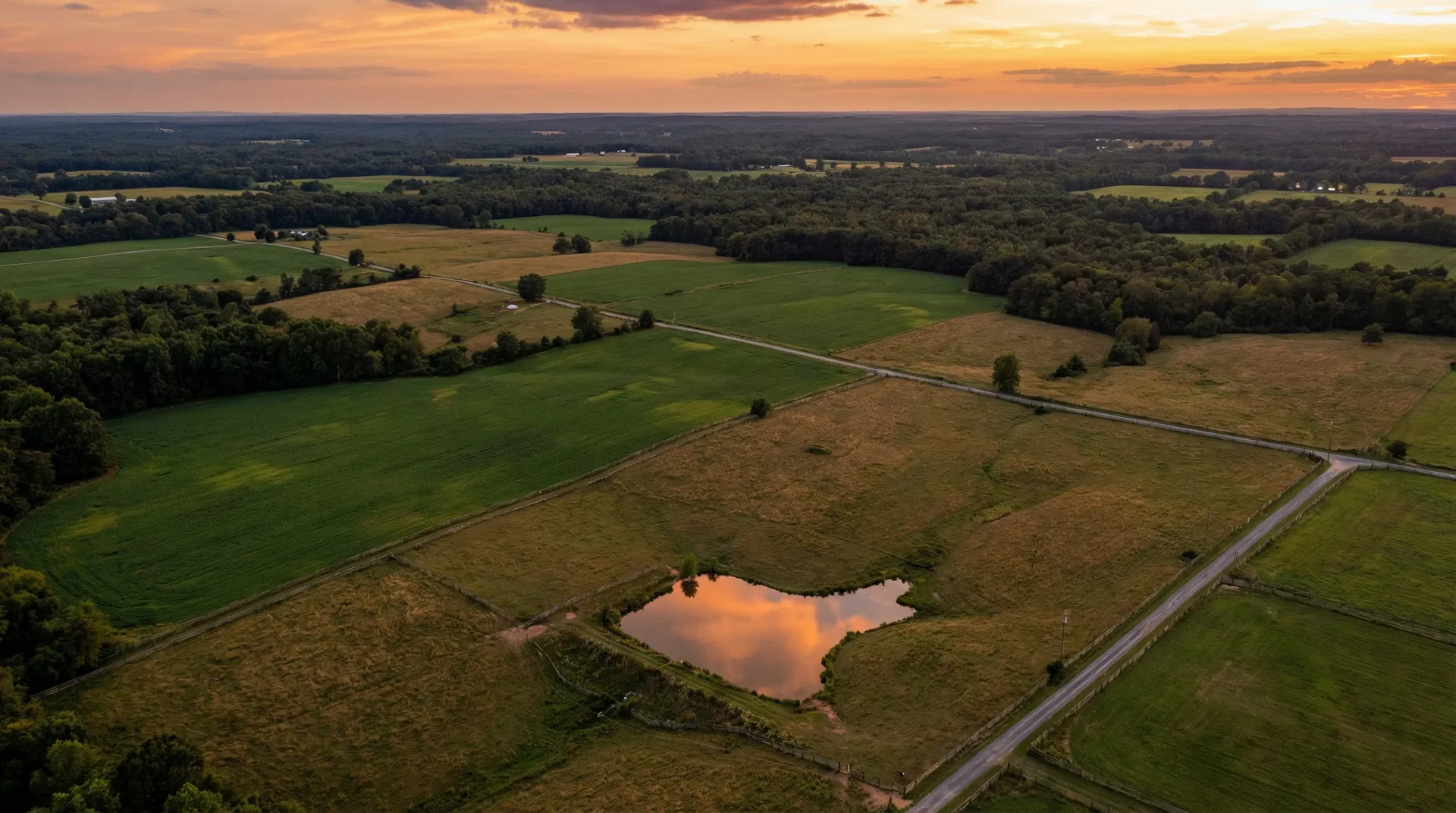 Virginia land aerial view at sunset