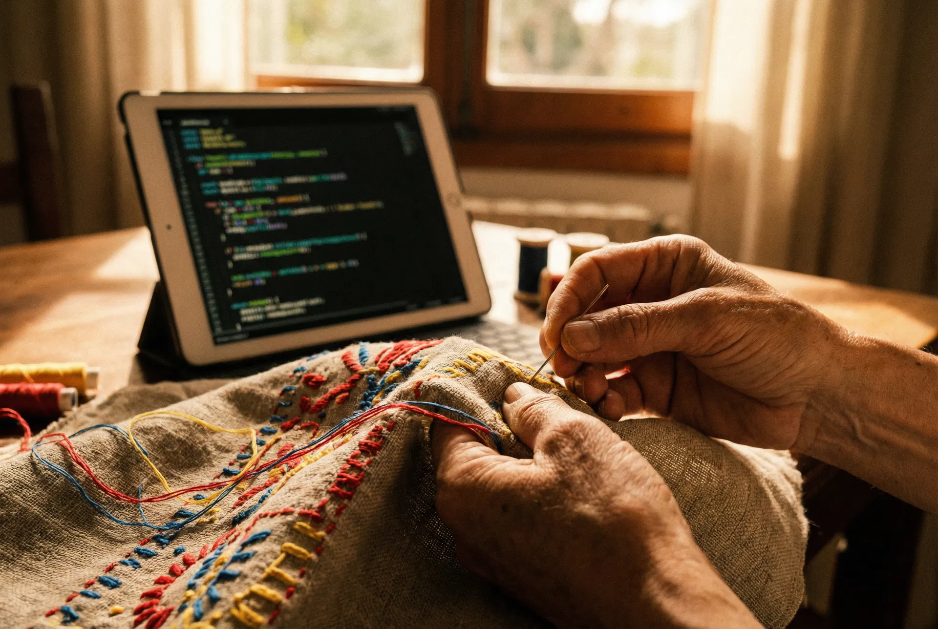 Mãos bordando um tecido com fios coloridos, com um tablet exibindo códigos de IA ao fundo