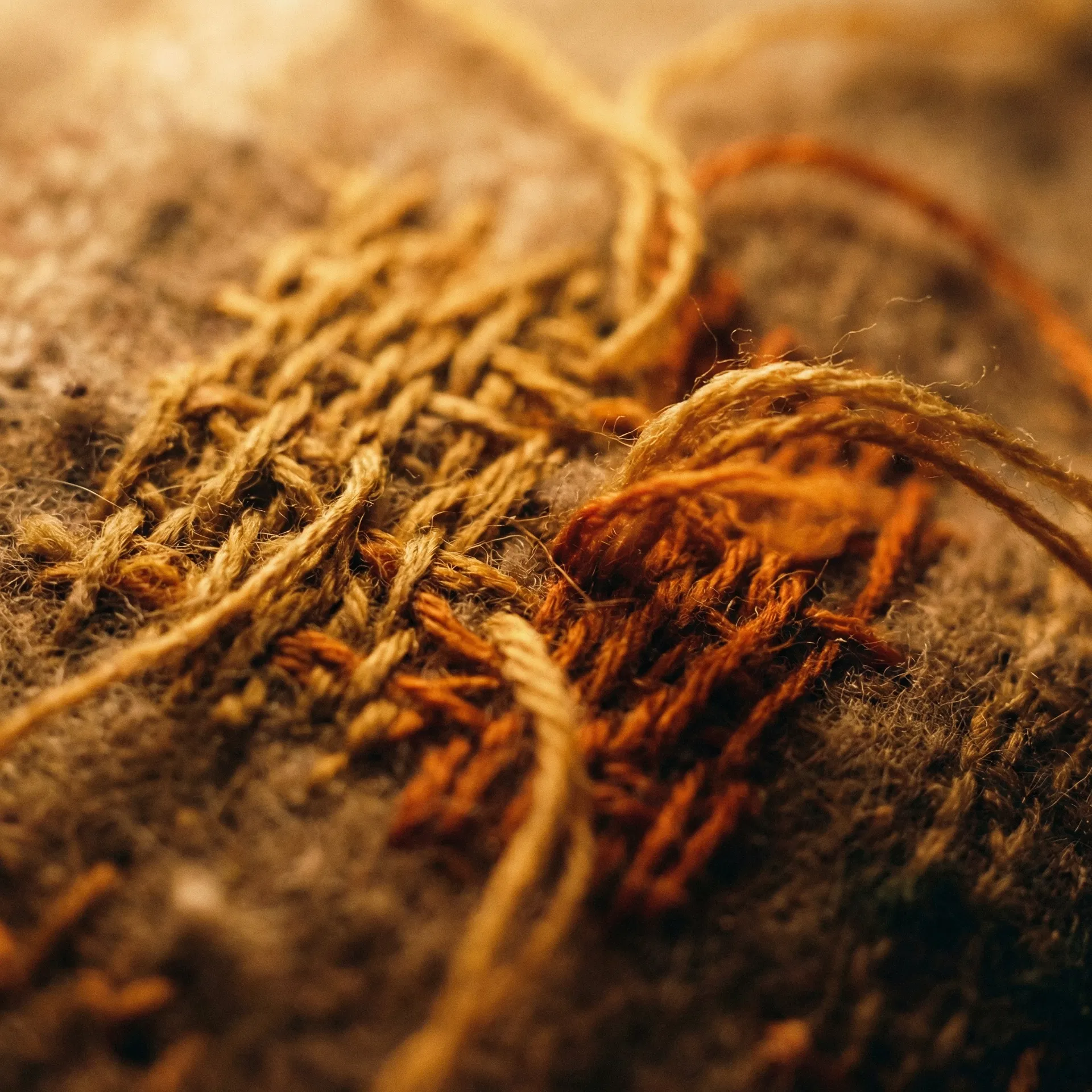 Close-up de um bordado manual com fios soltos e imperfeições