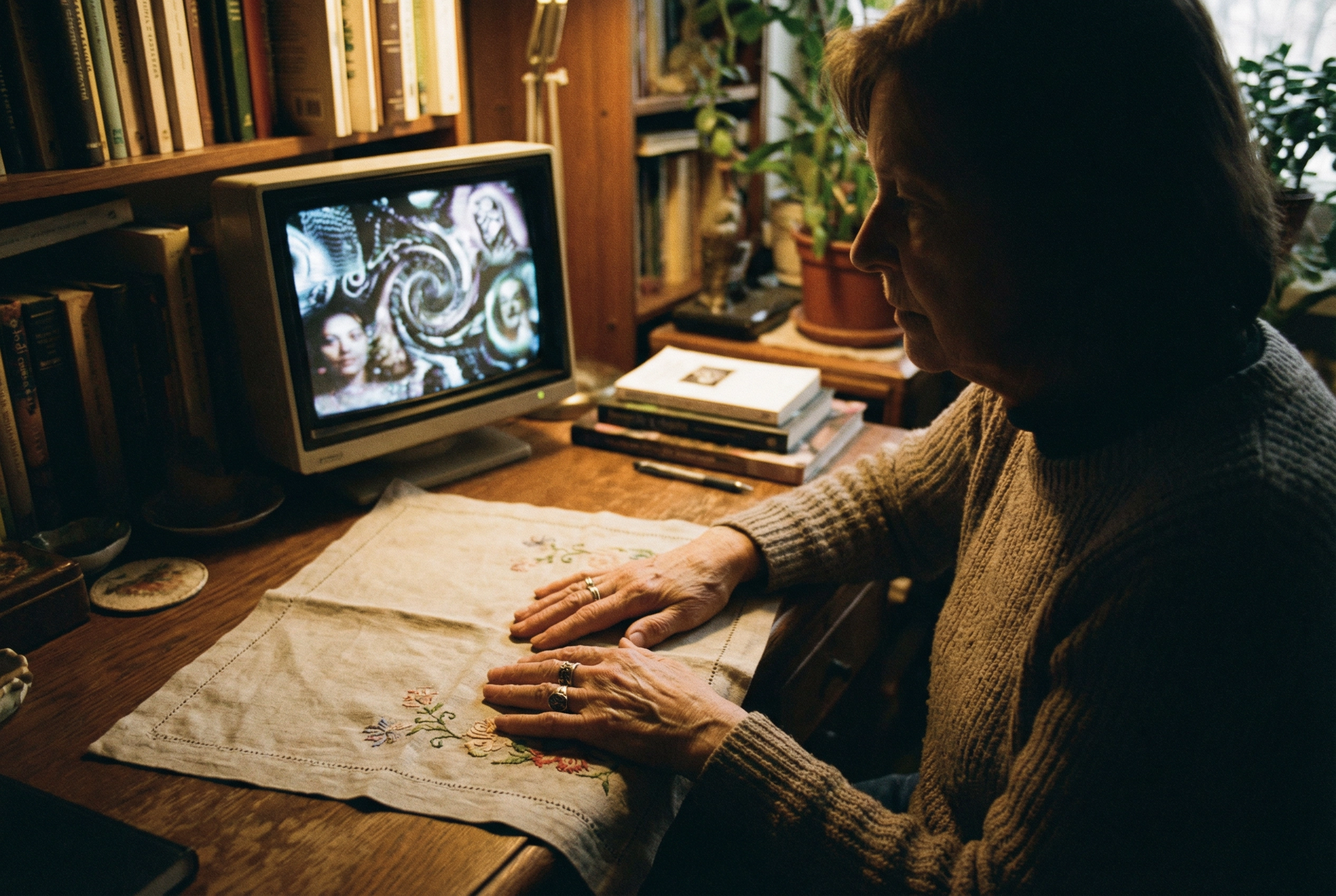 Mulher com as mãos sobre um tecido bordado, olhando para uma tela de computador com imagens geradas por IA