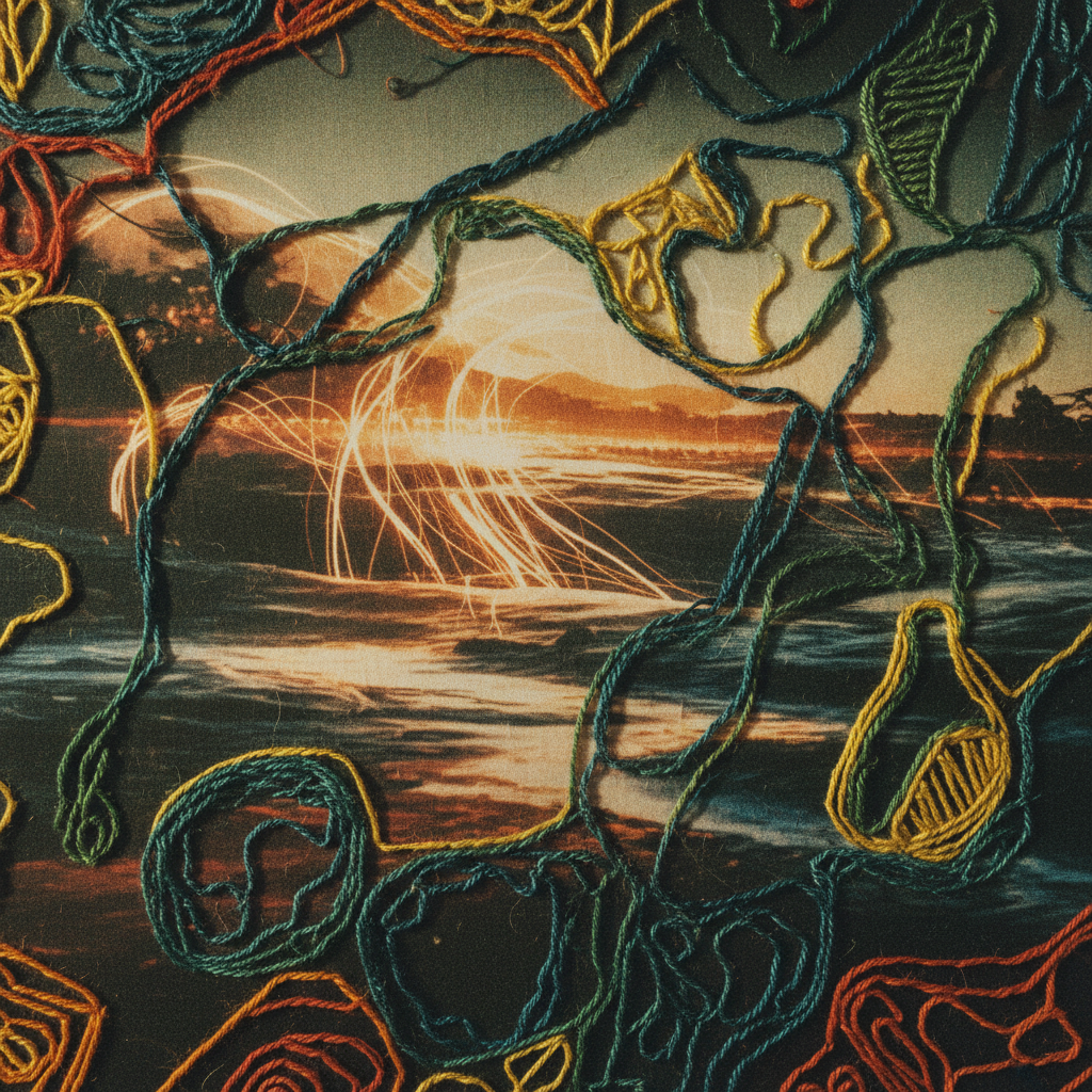 Detalhe de bordado contemporâneo sobre fotografia generativa, com fios coloridos criando texturas