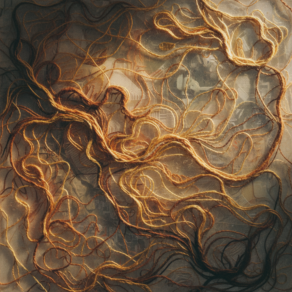 Bordado sobre fotografia generativa, com fios orgânicos e cores quentes contrastando com a imagem original