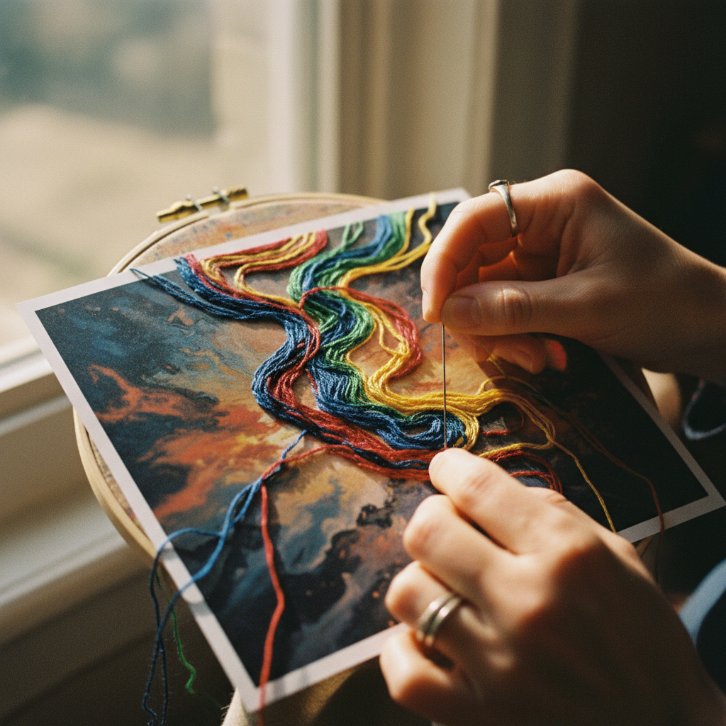 Mãos de artista bordando em uma fotografia abstrata, fios coloridos em destaque, luz suave e textural