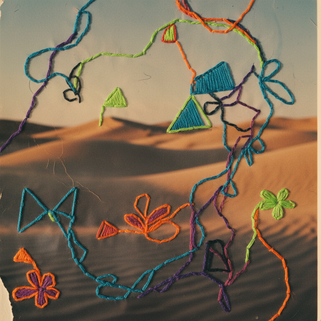 Fotografia de paisagem abstrata com elementos bordados em cores vibrantes, contrastando com a imagem original