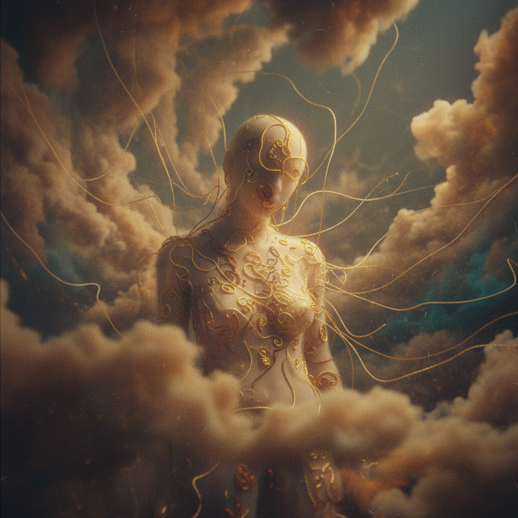 Uma fotografia de uma figura humana borrada em um cenário onírico, com elementos de bordado sutilmente integrados, evocando mistério e autoria