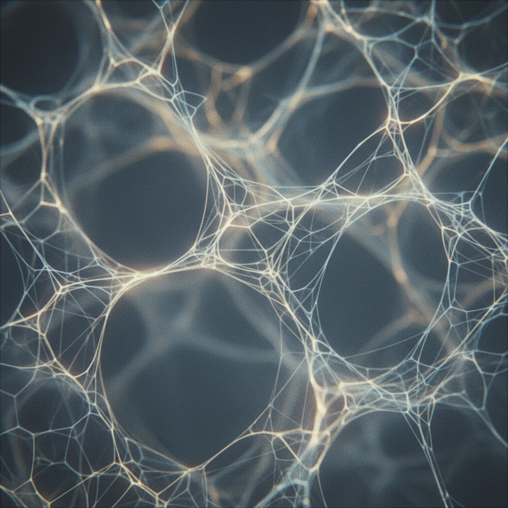 Uma fotografia abstrata e etérea, com tons suaves de azul e cinza, onde linhas finas e luminosas se entrelaçam, sugerindo uma rede neural ou um tecido digital. A imagem evoca a fusão entre o orgânico e o tecnológico.