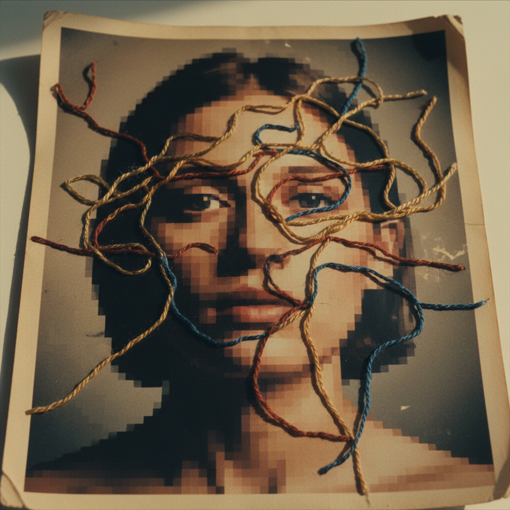 Close-up de uma fotografia analógica com grão visível, onde fios de bordado emergem da superfície, criando uma textura tridimensional sobre a imagem de um rosto humano distorcido por pixels.