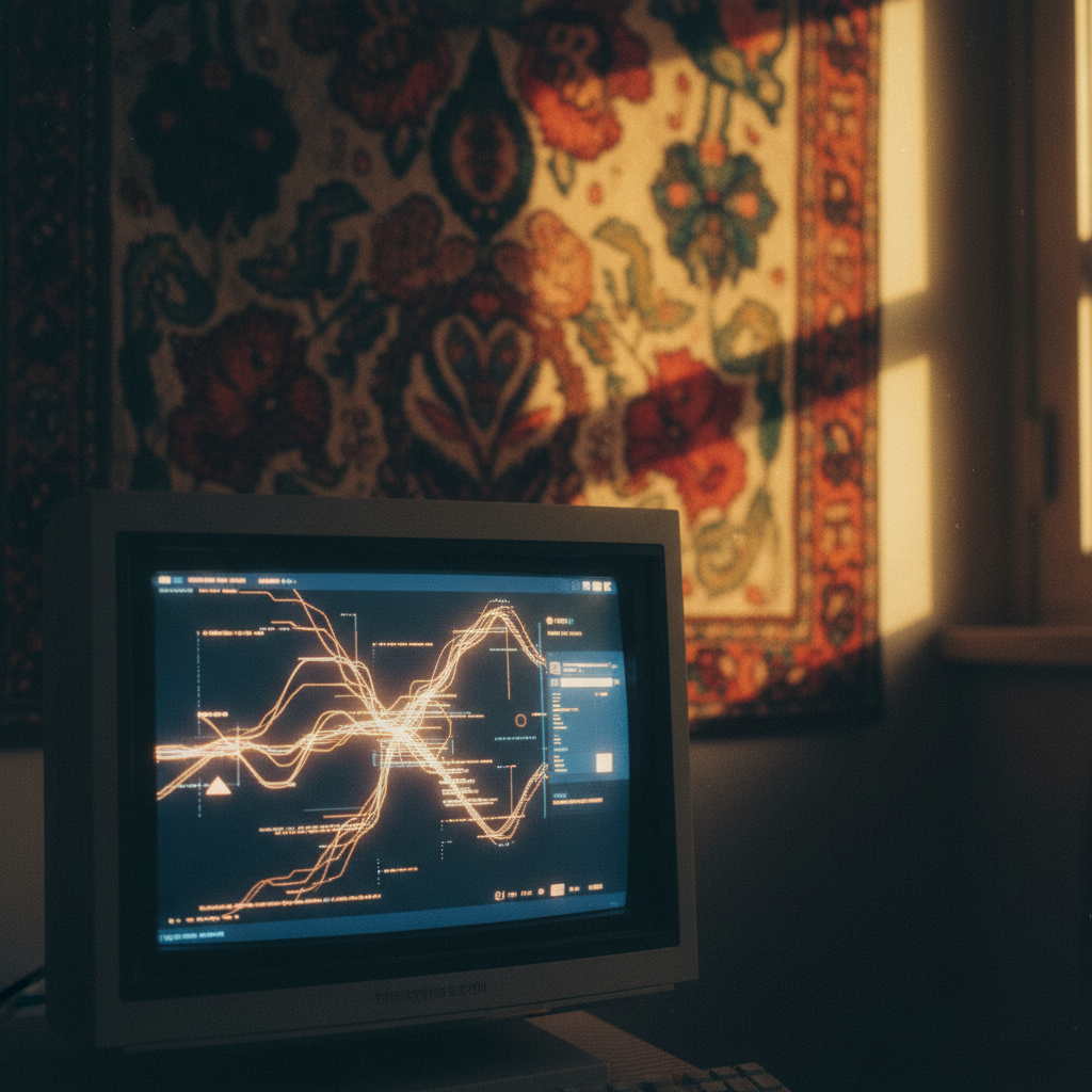 Uma tela de computador exibindo um prompt de texto complexo para geração de imagem, com a interface de um software de IA visível, em contraste com a textura de um tecido bordado ao fundo.