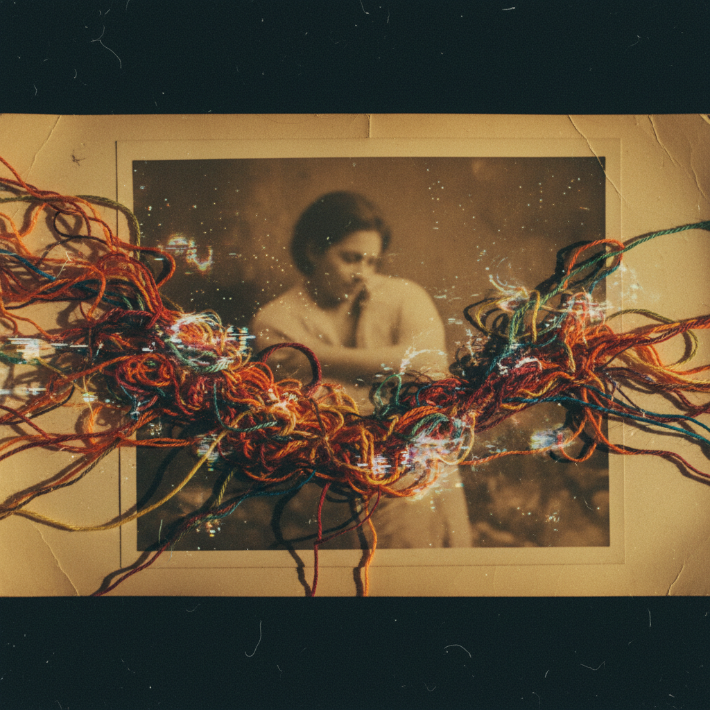 Uma fotografia bordada à mão, com fios coloridos que se estendem para fora da imagem, criando um efeito tridimensional e onírico.