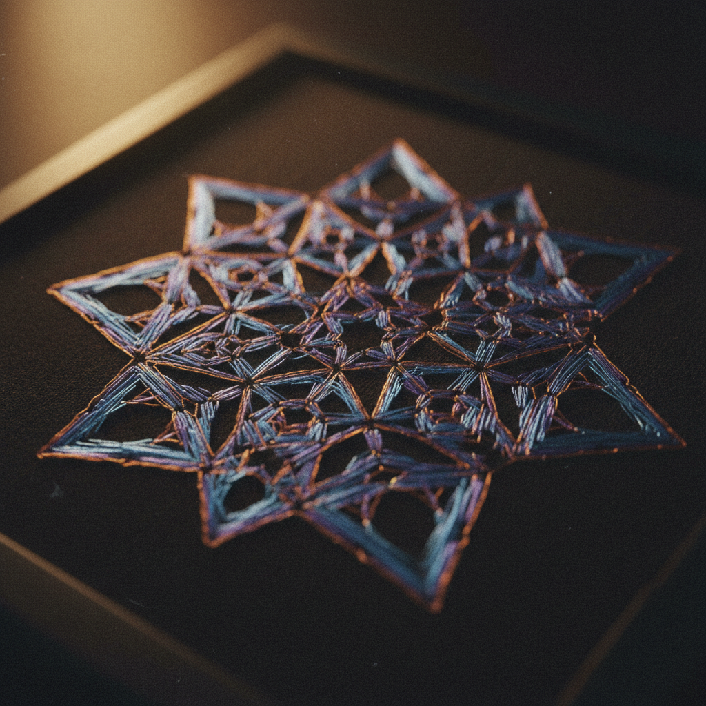 Detalhe de um bordado digital, com padrões geométricos complexos e cores vibrantes, exibindo uma estética futurista.