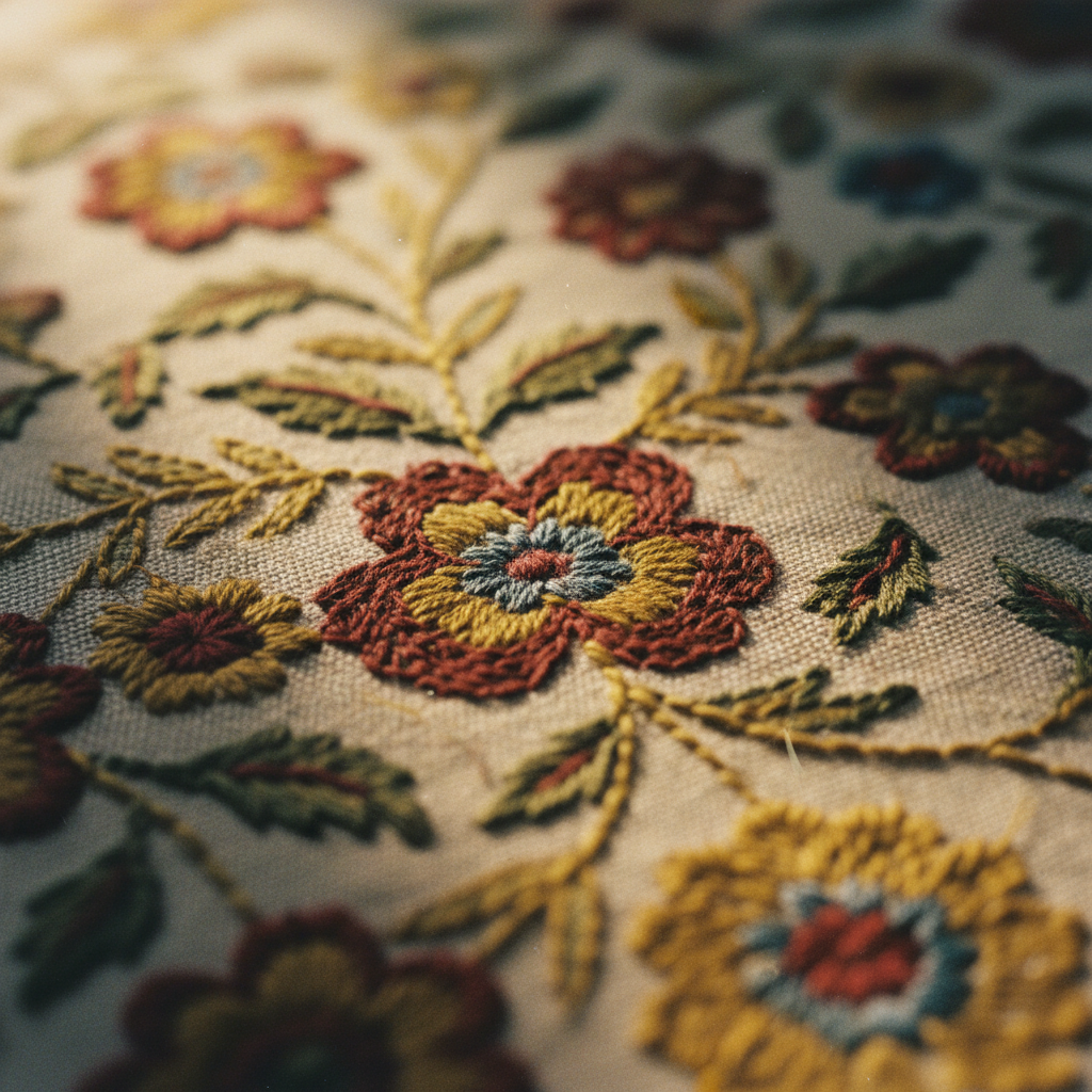 Detalhe de um bordado tradicional, com pontos manuais visíveis e a delicadeza do fio sobre o tecido, em contraste com a imagem digital.