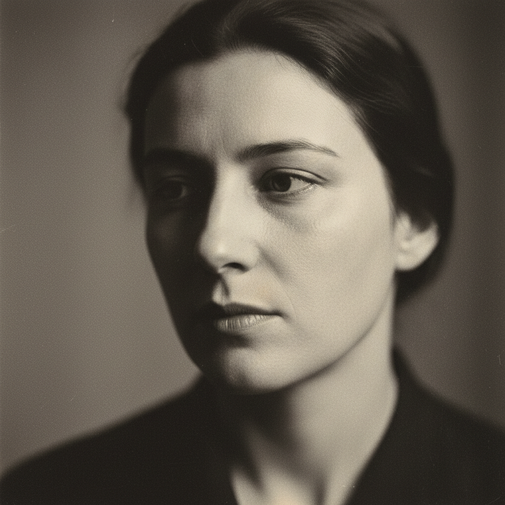 Fotografia analógica de um rosto com expressão pensativa, grão de filme