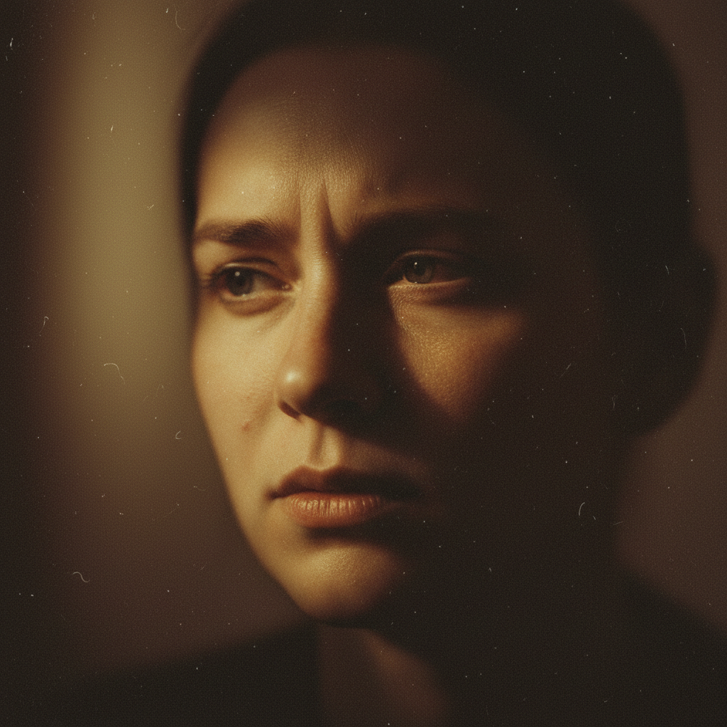 Rosto gerado por IA com expressão similar, mas com uma estranheza sutil