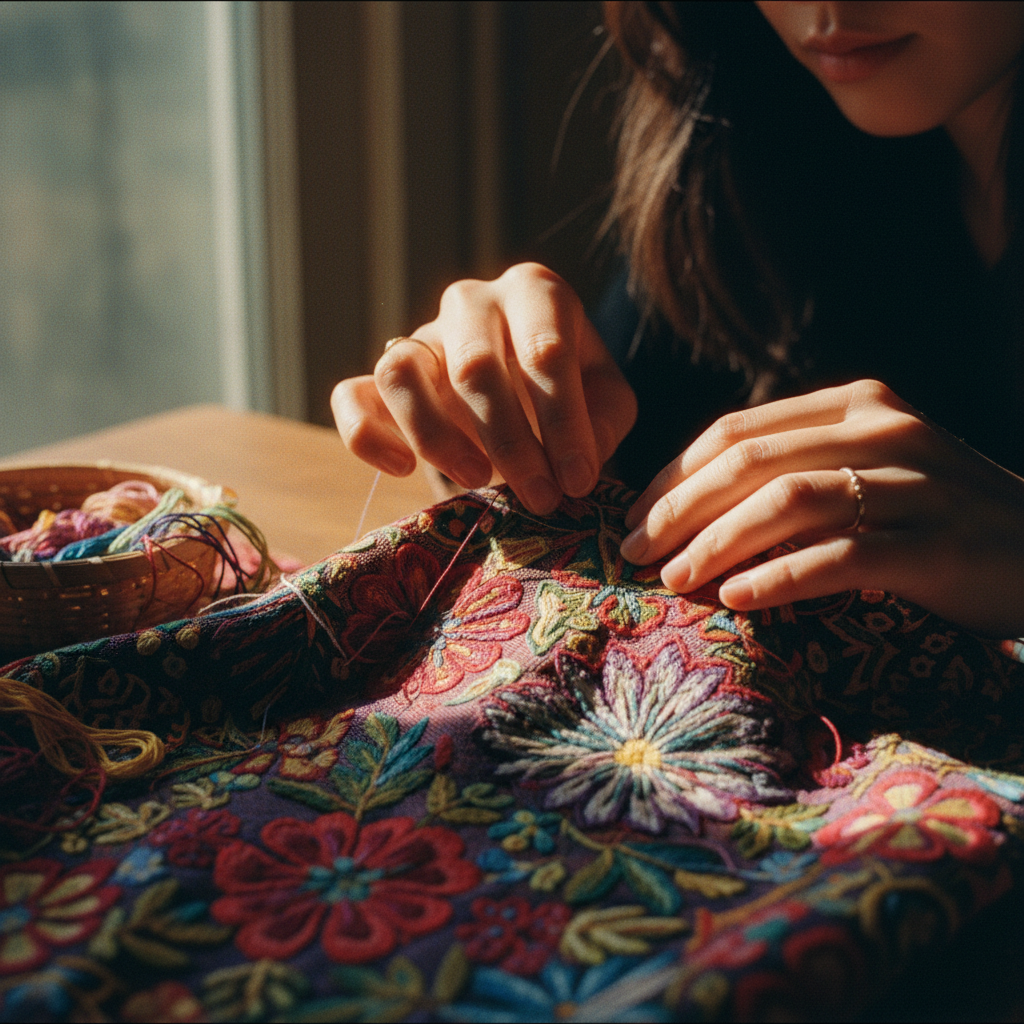 Mãos femininas bordando um tecido com fios coloridos, detalhes de pontos e texturas.