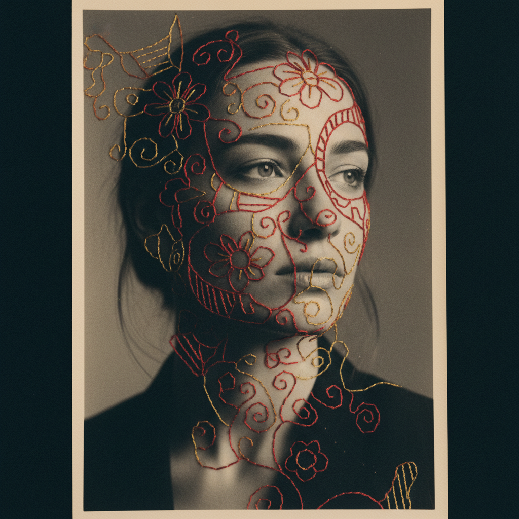 Fotografia em preto e branco de um rosto feminino com bordados em fios vermelhos e dourados sobre a imagem.