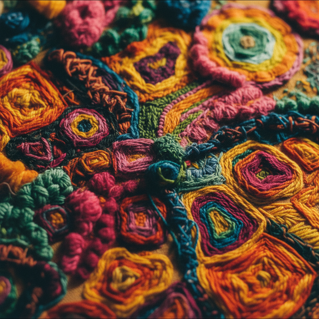 Detalhe de um bordado abstrato com texturas e cores vibrantes, quase tridimensional.