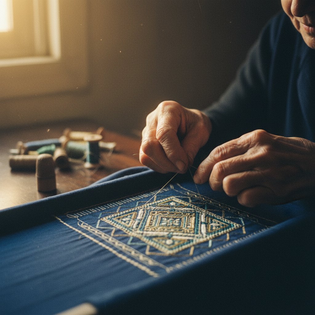 Mãos envelhecidas de uma mulher bordando um tecido com padrões geométricos, luz suave.