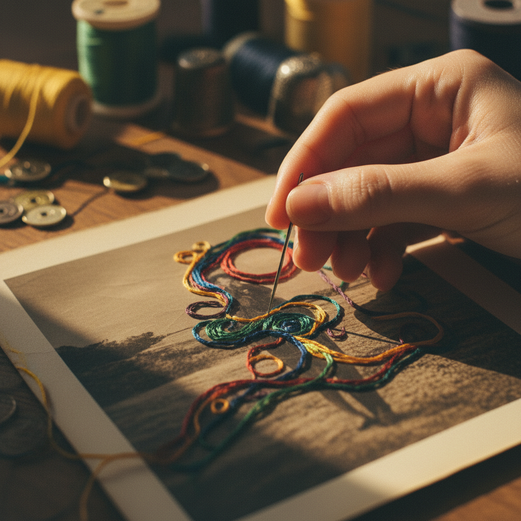 Mãos femininas bordando sobre uma fotografia impressa, com fios coloridos e agulha. Foco na textura do bordado e na luz suave.