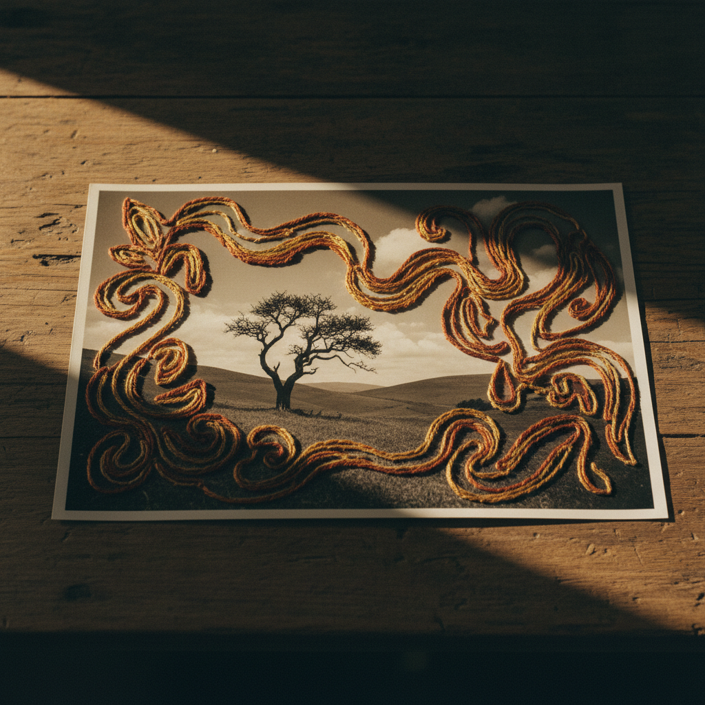 Uma fotografia impressa, parcialmente bordada com fios que formam padrões abstratos e orgânicos, criando uma textura tridimensional sobre a imagem. Iluminação dramática destacando as sombras e relevos.