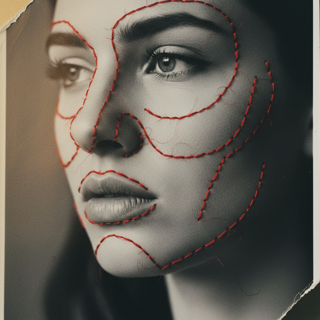 Close-up de uma fotografia em preto e branco, com um bordado delicado de linha vermelha que segue os contornos de um rosto, adicionando uma camada de emoção e de intervenção manual.