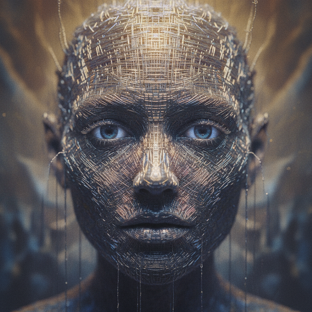 Uma imagem gerada por IA de um rosto humano com texturas digitais que simulam fios e bordados, mas com uma perfeição e simetria que denunciam a origem algorítmica.