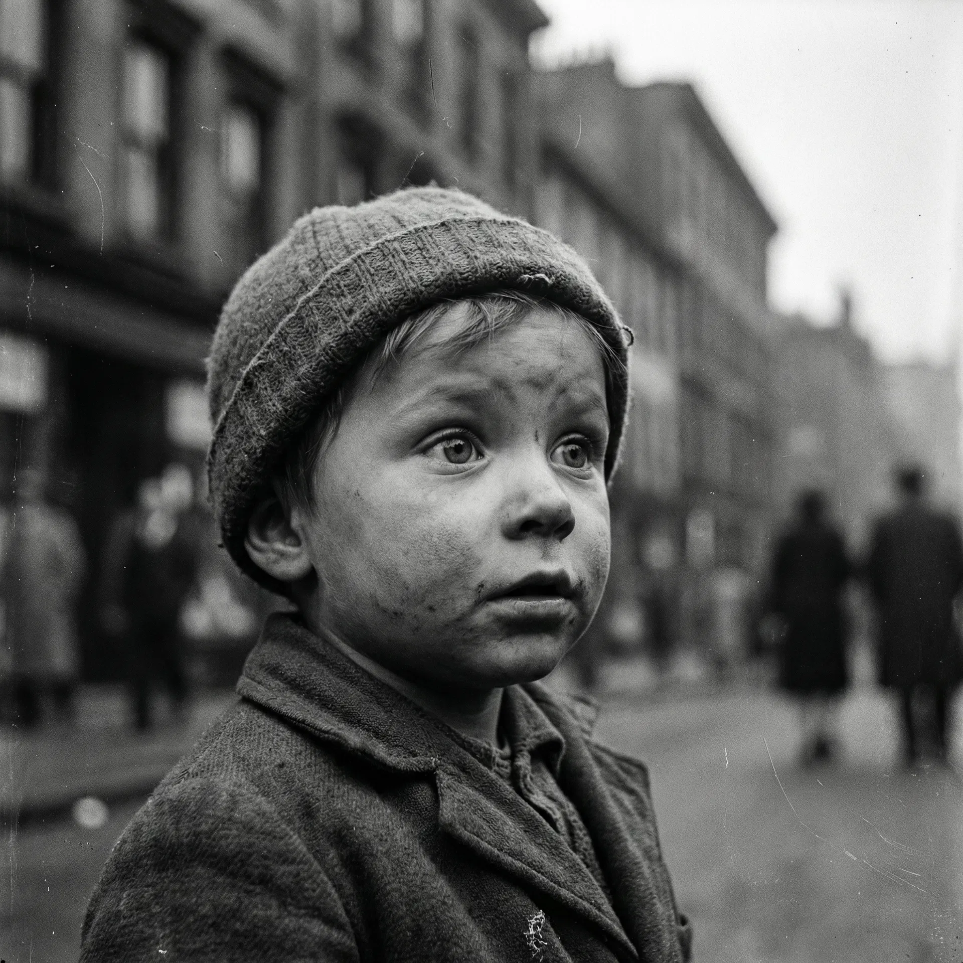 Close-up de um rosto de criança com expressão curiosa, em preto e branco