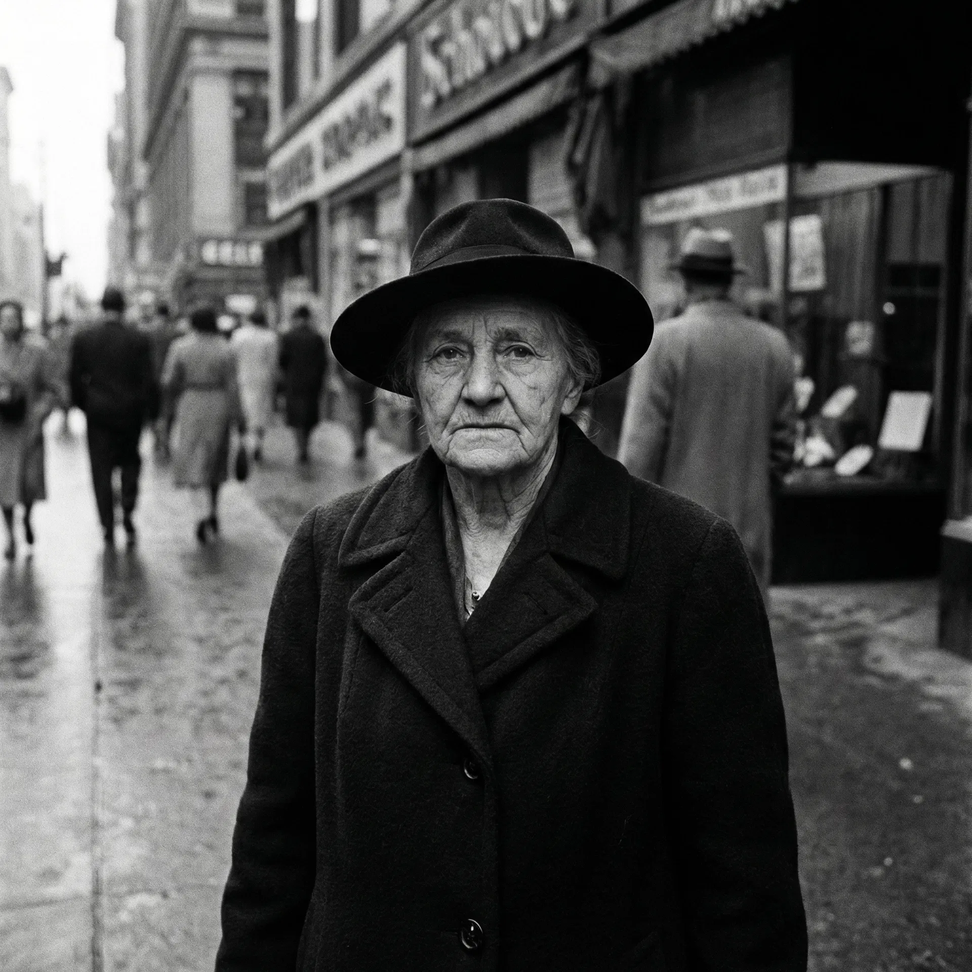 Mulher idosa com chapéu e casaco, olhando diretamente para a câmera, em preto e branco