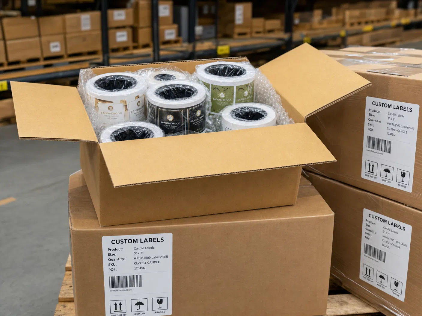 Label rolls packaged for shipping